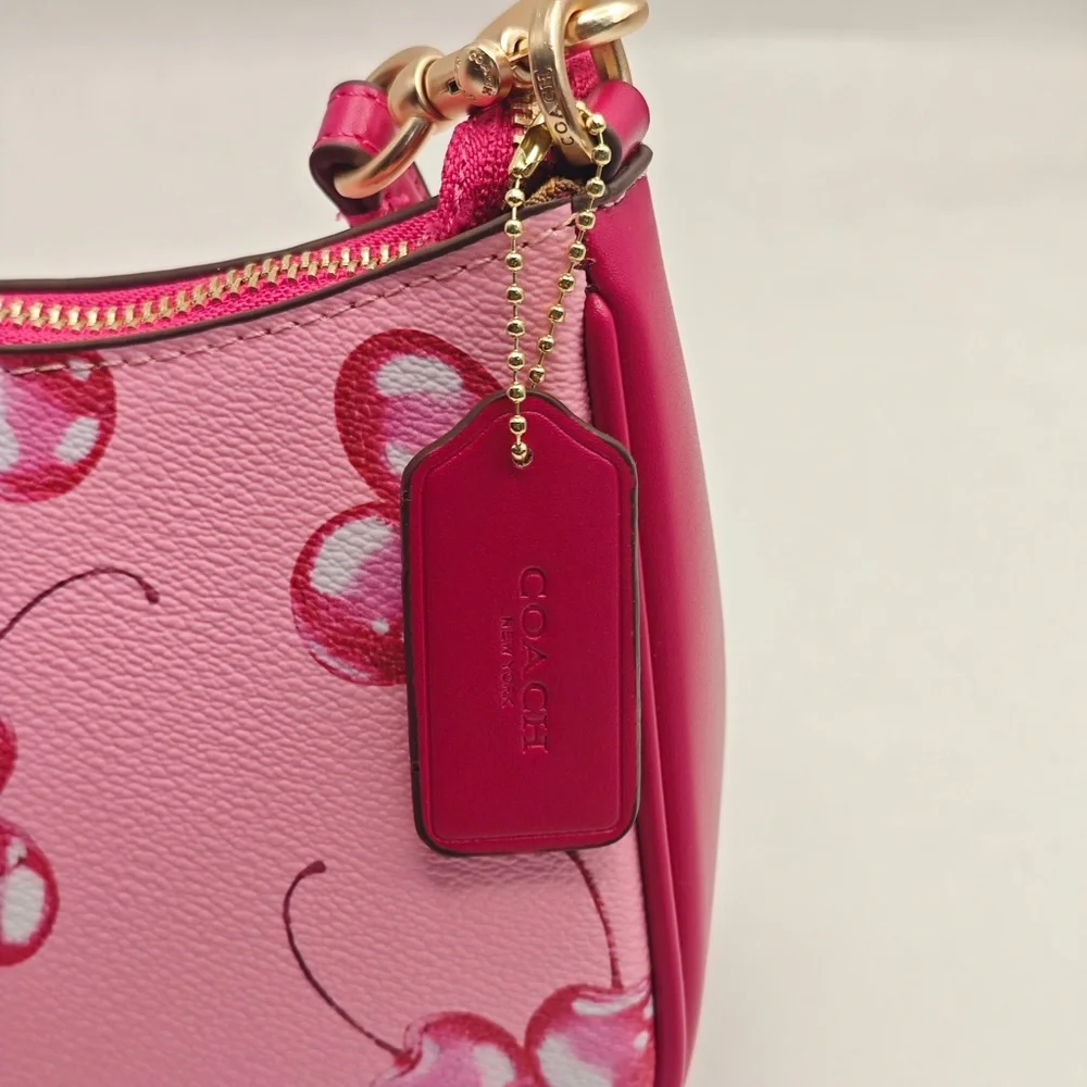 COACH Pink Cherry Print Shoulder Bag with Gold Hardware